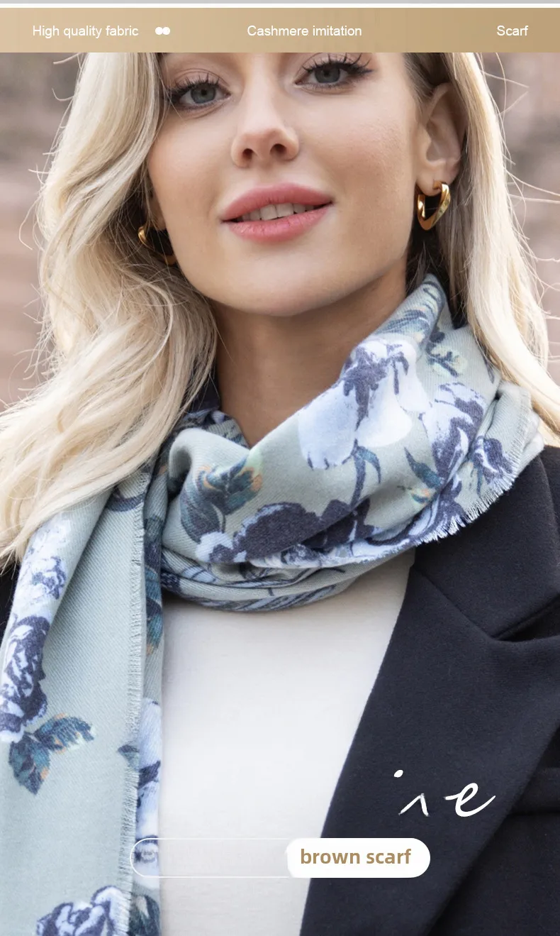 Autumn And Winter New Cashmere Tassel Shawl Fresh Sweet Rose Printed Cold-proof Warm Scarf display picture 1