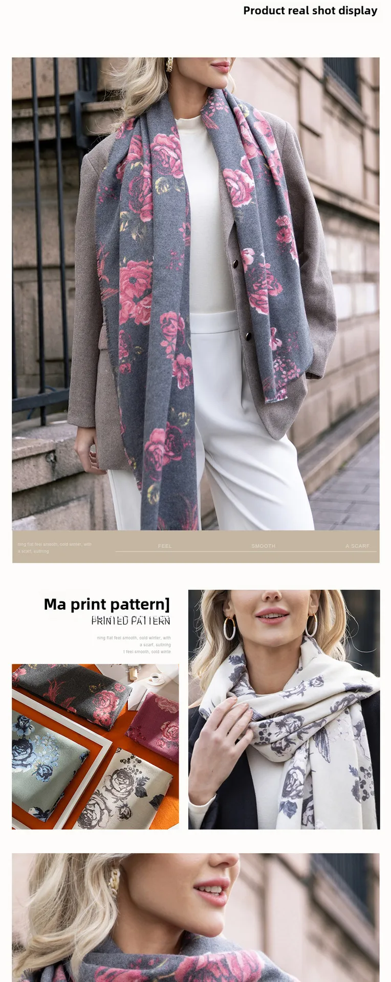 Autumn And Winter New Cashmere Tassel Shawl Fresh Sweet Rose Printed Cold-proof Warm Scarf display picture 6