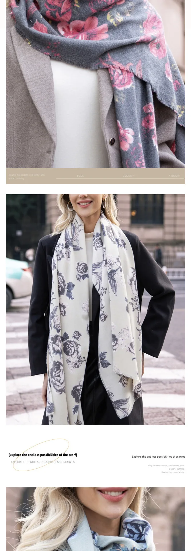 Autumn And Winter New Cashmere Tassel Shawl Fresh Sweet Rose Printed Cold-proof Warm Scarf display picture 7