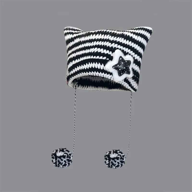 Yabi Style Handmade Cute Five-star Cat Ears Striped Devil Warm Pullover Hat Knitted Ball Wool Hat For Women display picture 2