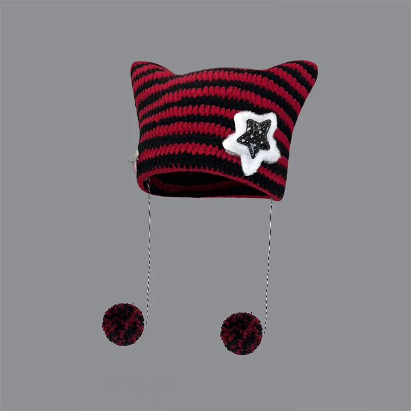 Yabi Style Handmade Cute Five-star Cat Ears Striped Devil Warm Pullover Hat Knitted Ball Wool Hat For Women display picture 1