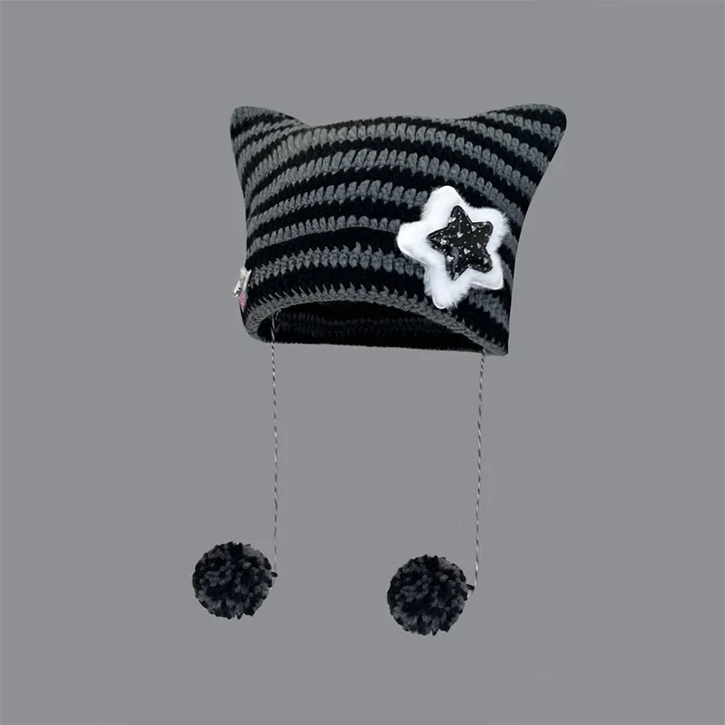 Yabi Style Handmade Cute Five-star Cat Ears Striped Devil Warm Pullover Hat Knitted Ball Wool Hat For Women display picture 3