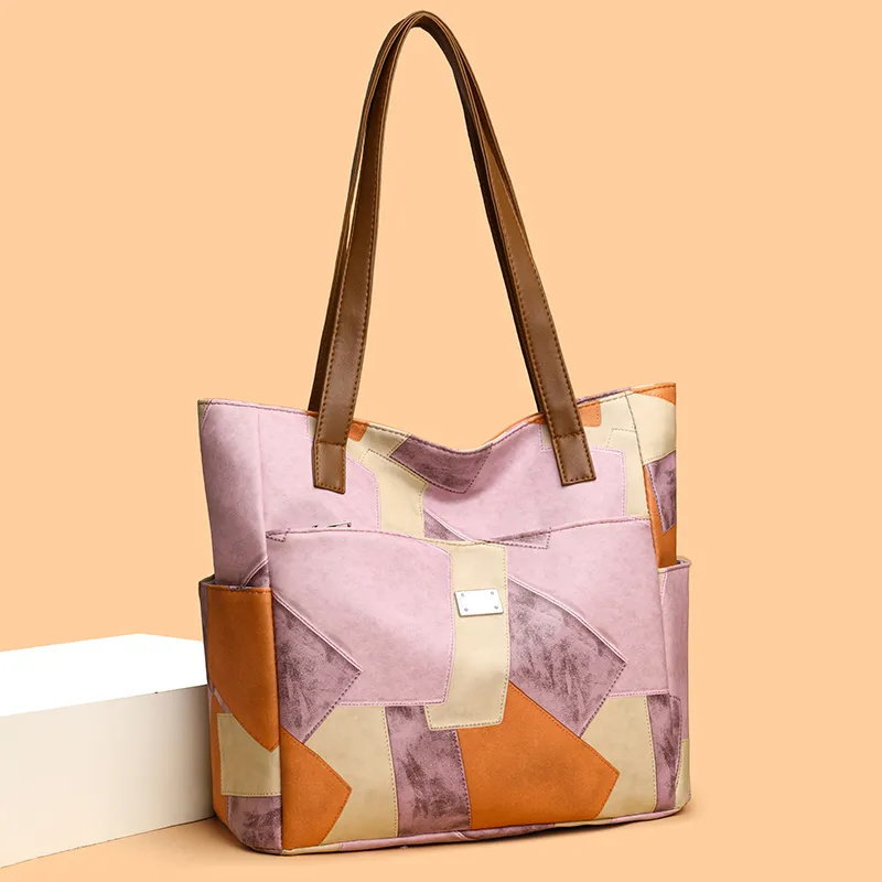 Women's Pu Leather Color Block Vintage Style Classic Style Sewing Thread Square Zipper Shoulder Bag Tote Bag display picture 3
