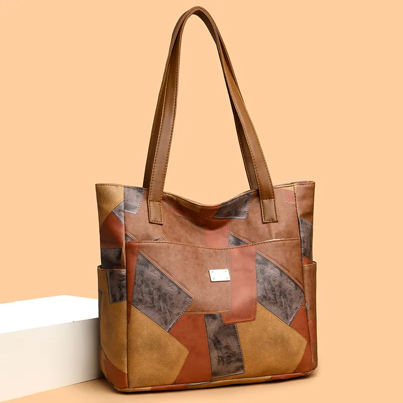 Women's Pu Leather Color Block Vintage Style Classic Style Sewing Thread Square Zipper Shoulder Bag Tote Bag display picture 1