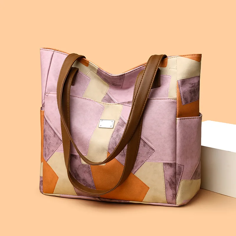 Women's Pu Leather Color Block Vintage Style Classic Style Sewing Thread Square Zipper Shoulder Bag Tote Bag display picture 2