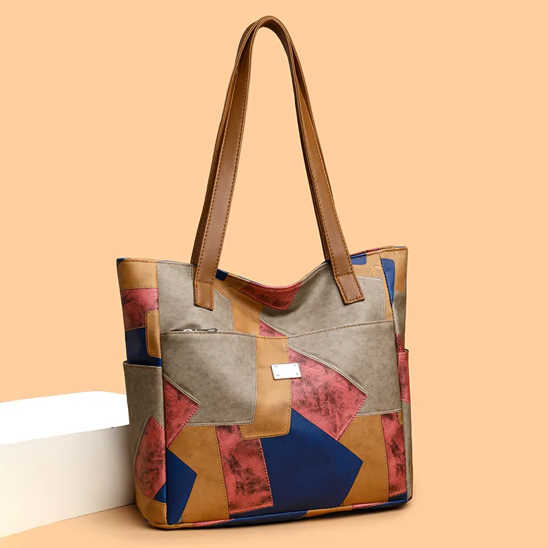 Women's Pu Leather Color Block Vintage Style Classic Style Sewing Thread Square Zipper Shoulder Bag Tote Bag display picture 4