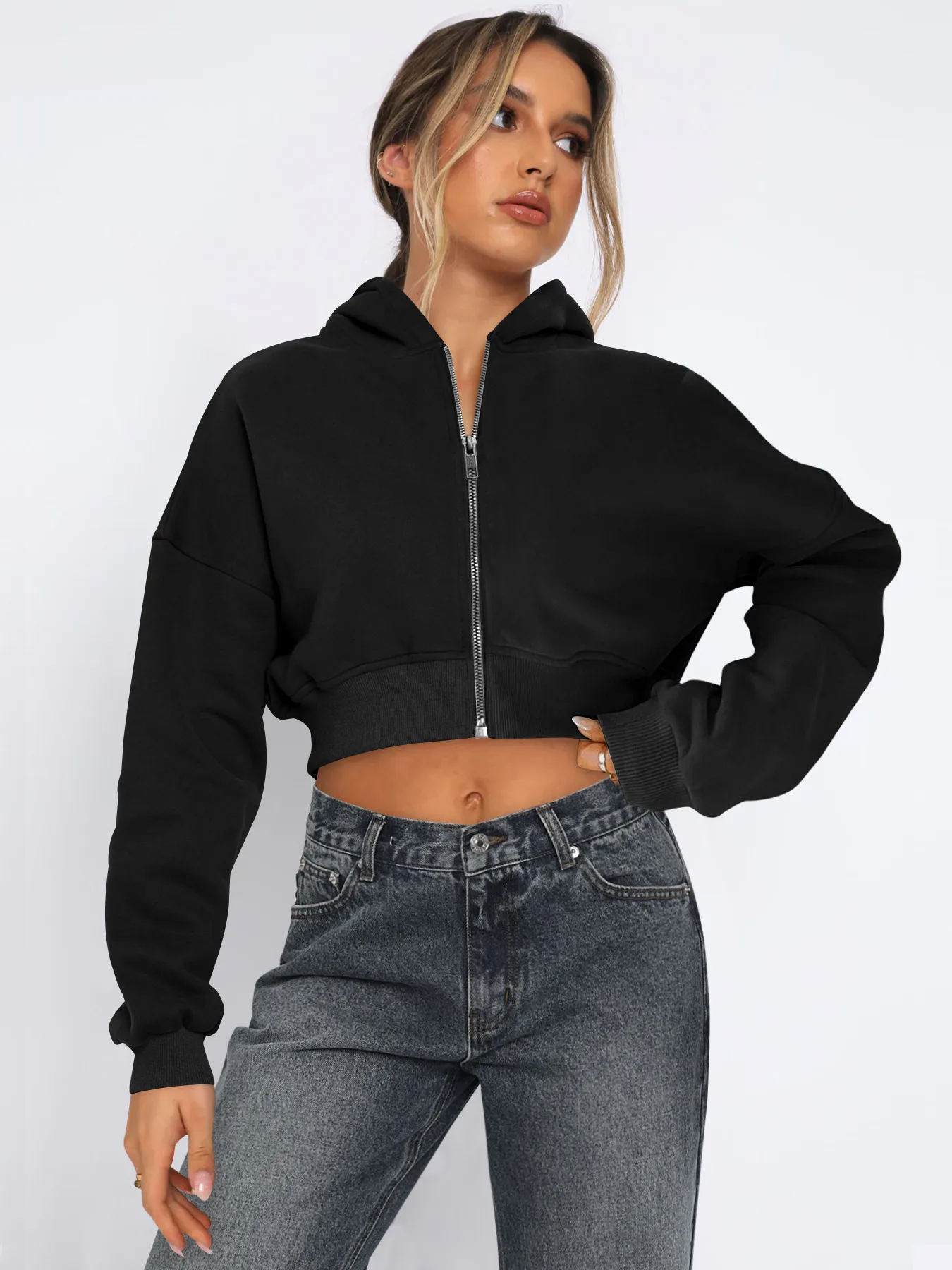 Foreign Trade  Fashion Short Fashion Women's Long Sleeve Solid Color Zipper Hooded Loose Sweatshirt Round Neck All-match Jacket display picture 2