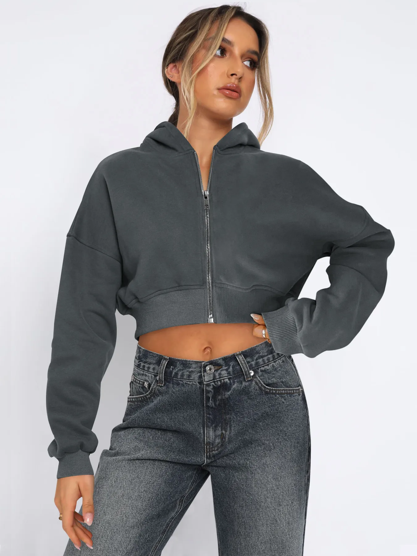Foreign Trade  Fashion Short Fashion Women's Long Sleeve Solid Color Zipper Hooded Loose Sweatshirt Round Neck All-match Jacket display picture 8