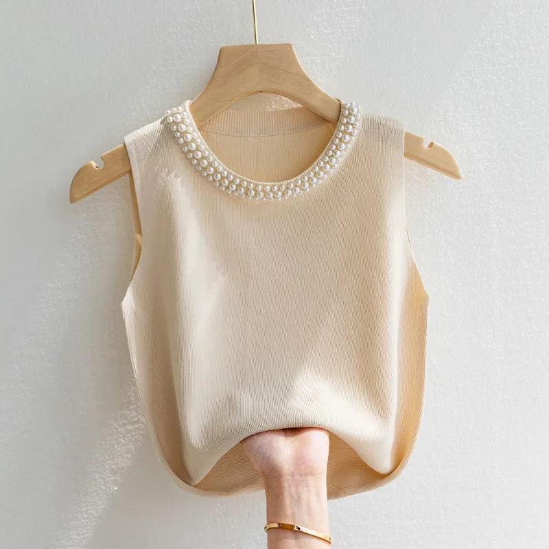 Camisole Women's White Sleeveless Bottoming Shirt Spring And Summer Style Inner Matching Suit Beaded  Style Sweater Top display picture 3