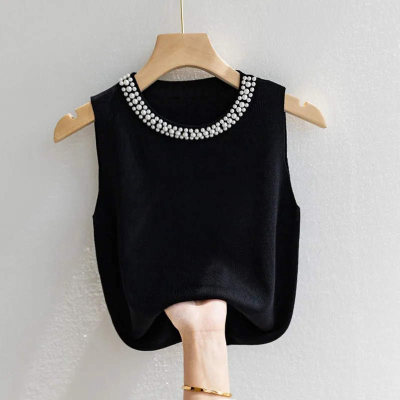 Camisole Women's White Sleeveless Bottoming Shirt Spring And Summer Style Inner Matching Suit Beaded  Style Sweater Top display picture 2