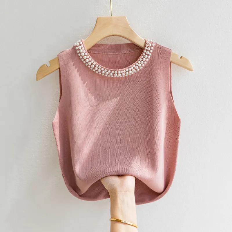 Camisole Women's White Sleeveless Bottoming Shirt Spring And Summer Style Inner Matching Suit Beaded  Style Sweater Top display picture 4