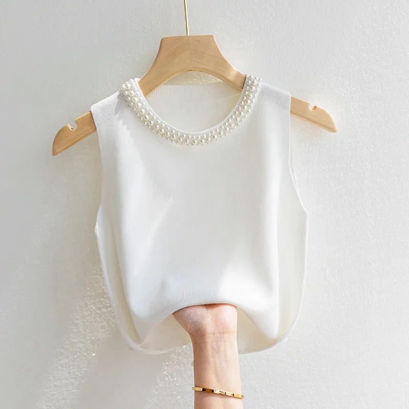 Camisole Women's White Sleeveless Bottoming Shirt Spring And Summer Style Inner Matching Suit Beaded  Style Sweater Top display picture 1