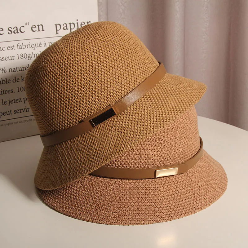 Korean Style Cotton And Linen Knitted Belt Buckle Fisherman Hat Female British Versatile Fashion Sun Protection Basin Hat Simple Top Hat Fashion display picture 7