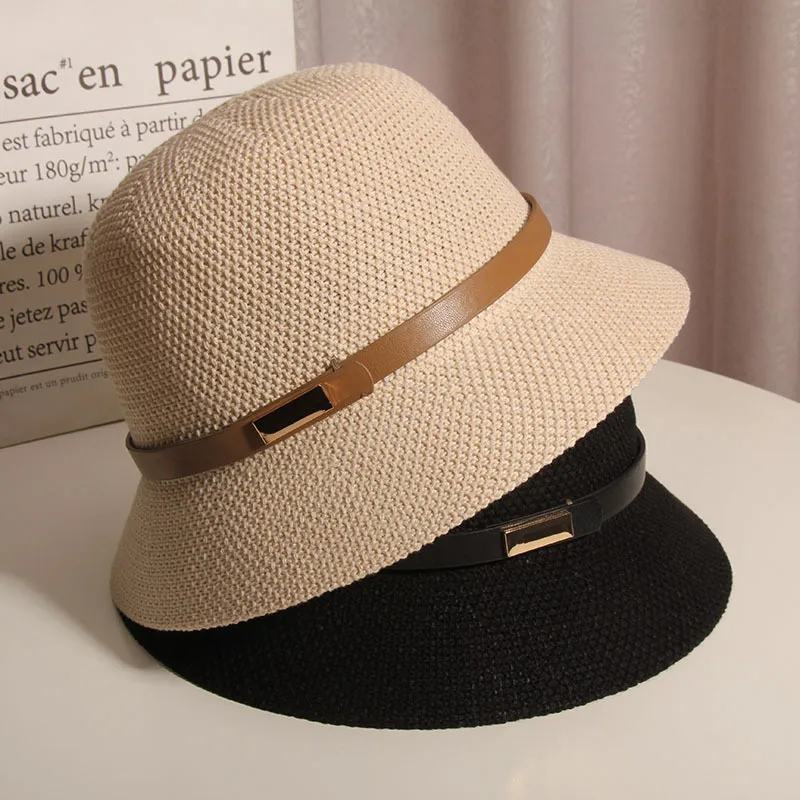 Korean Style Cotton And Linen Knitted Belt Buckle Fisherman Hat Female British Versatile Fashion Sun Protection Basin Hat Simple Top Hat Fashion display picture 1
