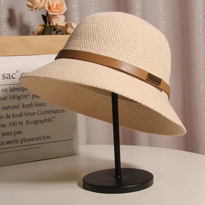 Korean Style Cotton And Linen Knitted Belt Buckle Fisherman Hat Female British Versatile Fashion Sun Protection Basin Hat Simple Top Hat Fashion display picture 2