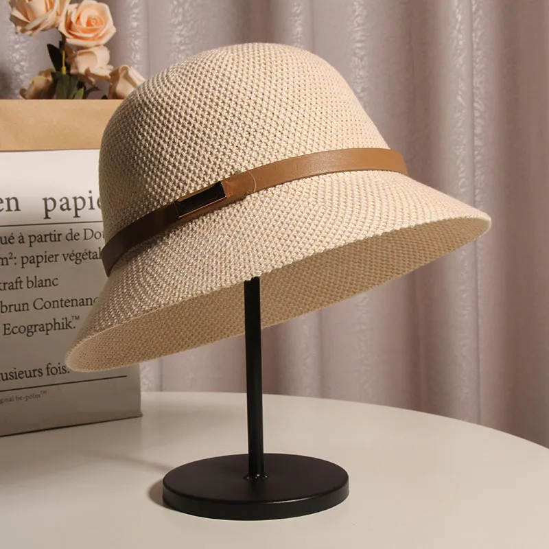 Korean Style Cotton And Linen Knitted Belt Buckle Fisherman Hat Female British Versatile Fashion Sun Protection Basin Hat Simple Top Hat Fashion display picture 3