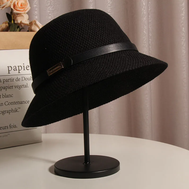 Korean Style Cotton And Linen Knitted Belt Buckle Fisherman Hat Female British Versatile Fashion Sun Protection Basin Hat Simple Top Hat Fashion display picture 5