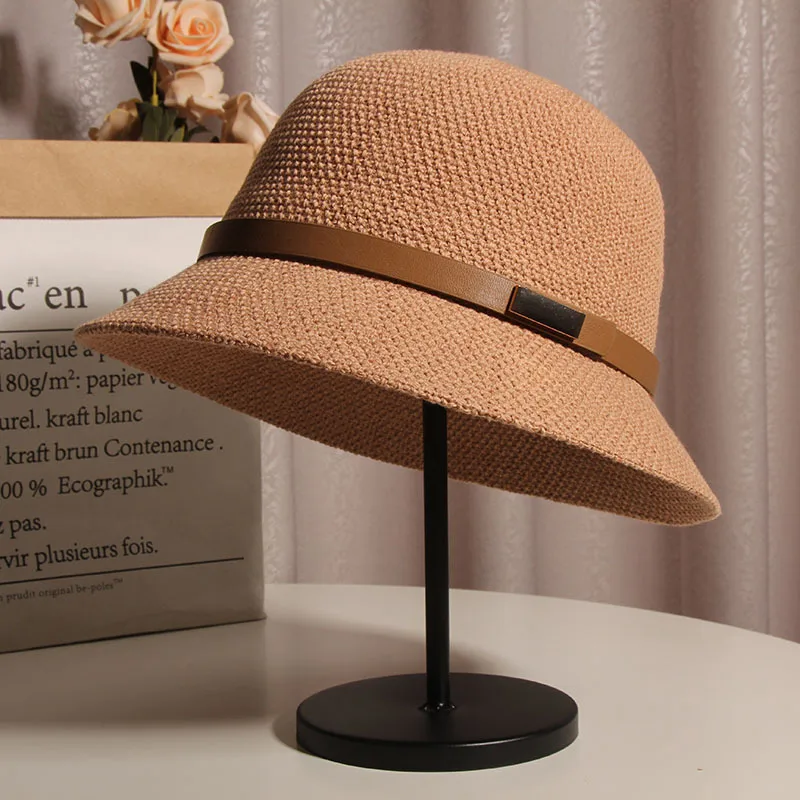 Korean Style Cotton And Linen Knitted Belt Buckle Fisherman Hat Female British Versatile Fashion Sun Protection Basin Hat Simple Top Hat Fashion display picture 11