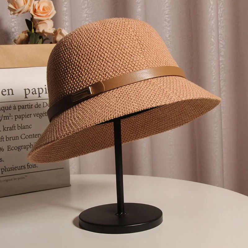 Korean Style Cotton And Linen Knitted Belt Buckle Fisherman Hat Female British Versatile Fashion Sun Protection Basin Hat Simple Top Hat Fashion display picture 12