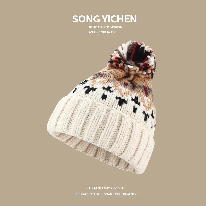 Warm Blue Knitted Hat Female  Fashion Brand Colorful Fur Ball Christmas Hat Autumn And Winter  Ear Protection Wool Hat display picture 7