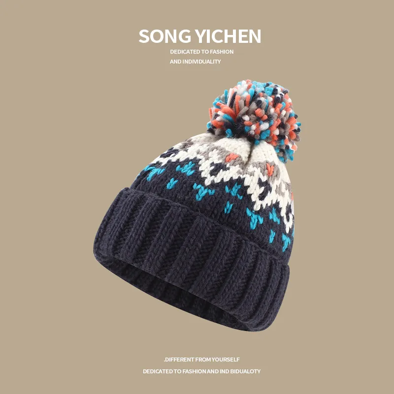 Warm Blue Knitted Hat Female  Fashion Brand Colorful Fur Ball Christmas Hat Autumn And Winter  Ear Protection Wool Hat display picture 9