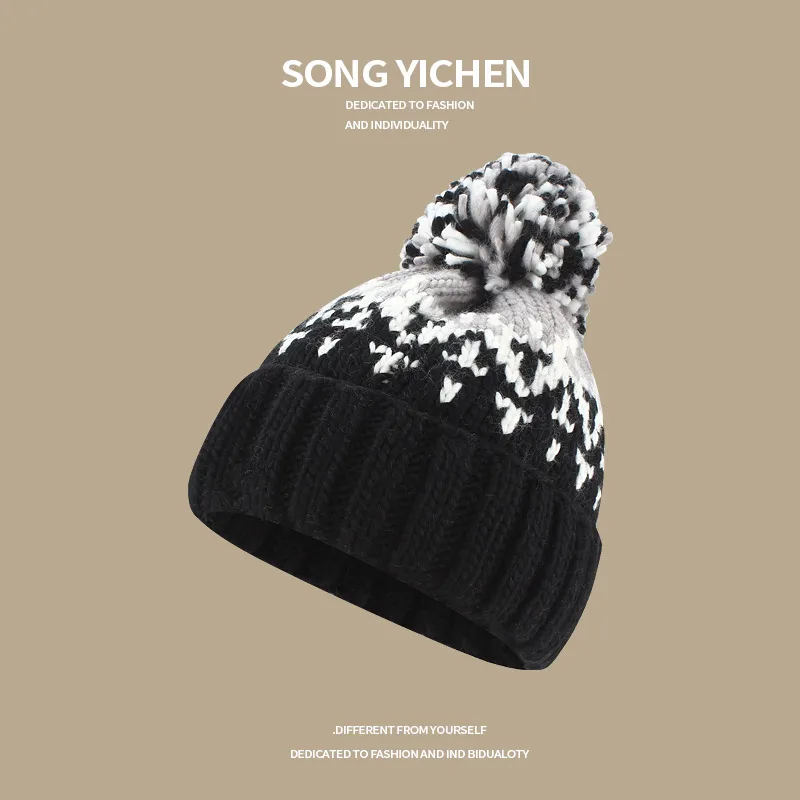 Warm Blue Knitted Hat Female  Fashion Brand Colorful Fur Ball Christmas Hat Autumn And Winter  Ear Protection Wool Hat display picture 10