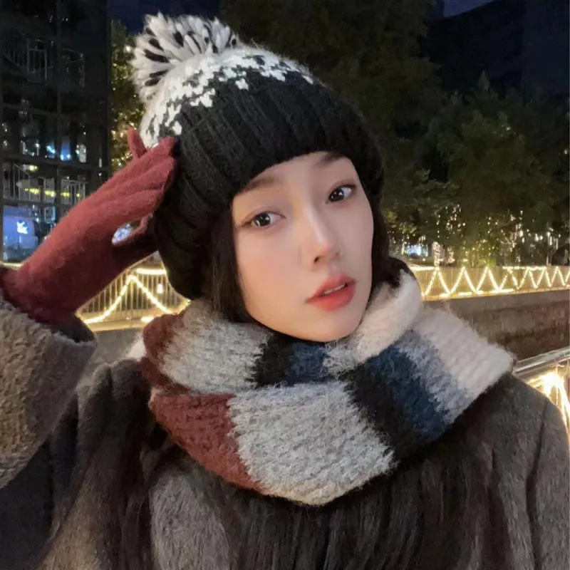 Warm Blue Knitted Hat Female  Fashion Brand Colorful Fur Ball Christmas Hat Autumn And Winter  Ear Protection Wool Hat display picture 13