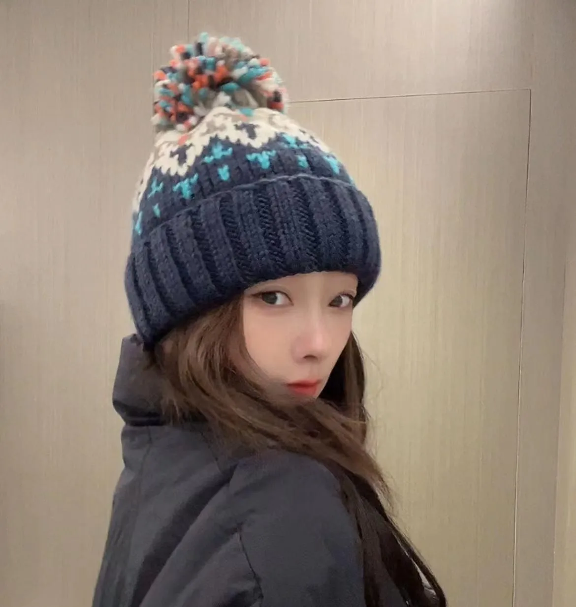 Warm Blue Knitted Hat Female  Fashion Brand Colorful Fur Ball Christmas Hat Autumn And Winter  Ear Protection Wool Hat display picture 18