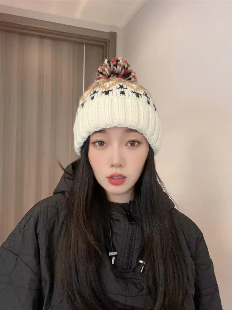 Warm Blue Knitted Hat Female  Fashion Brand Colorful Fur Ball Christmas Hat Autumn And Winter  Ear Protection Wool Hat display picture 19