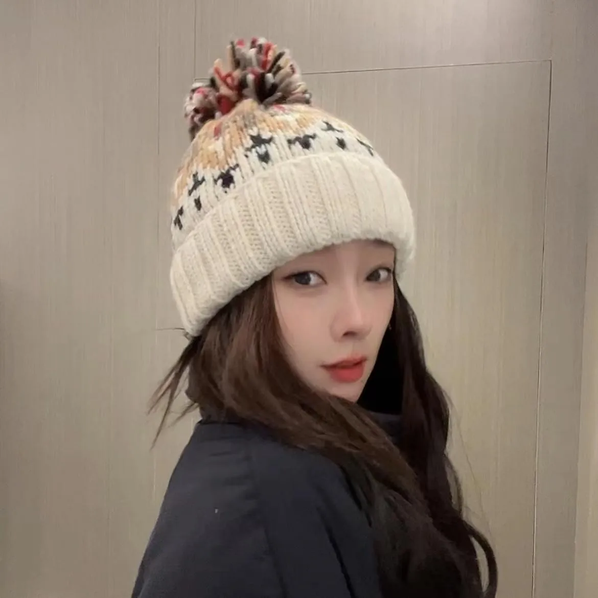 Warm Blue Knitted Hat Female  Fashion Brand Colorful Fur Ball Christmas Hat Autumn And Winter  Ear Protection Wool Hat display picture 21