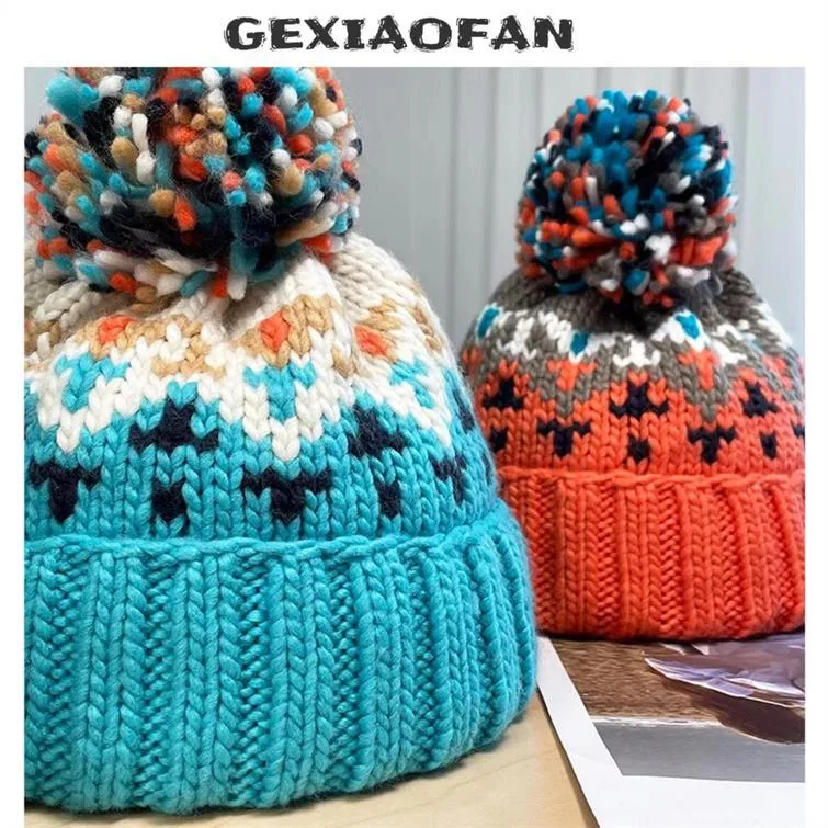 Warm Blue Knitted Hat Female  Fashion Brand Colorful Fur Ball Christmas Hat Autumn And Winter  Ear Protection Wool Hat display picture 28
