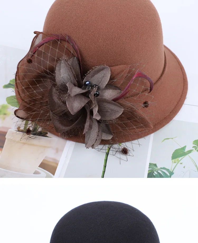 Women's Woolen Autumn And Winter New Dome Bowler Hat Female British Hepburn Style Yarn Flower Basin Hat Flat Brim Elegant Felt Hat display picture 2