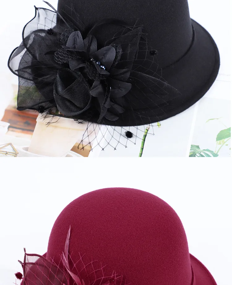 Women's Woolen Autumn And Winter New Dome Bowler Hat Female British Hepburn Style Yarn Flower Basin Hat Flat Brim Elegant Felt Hat display picture 3