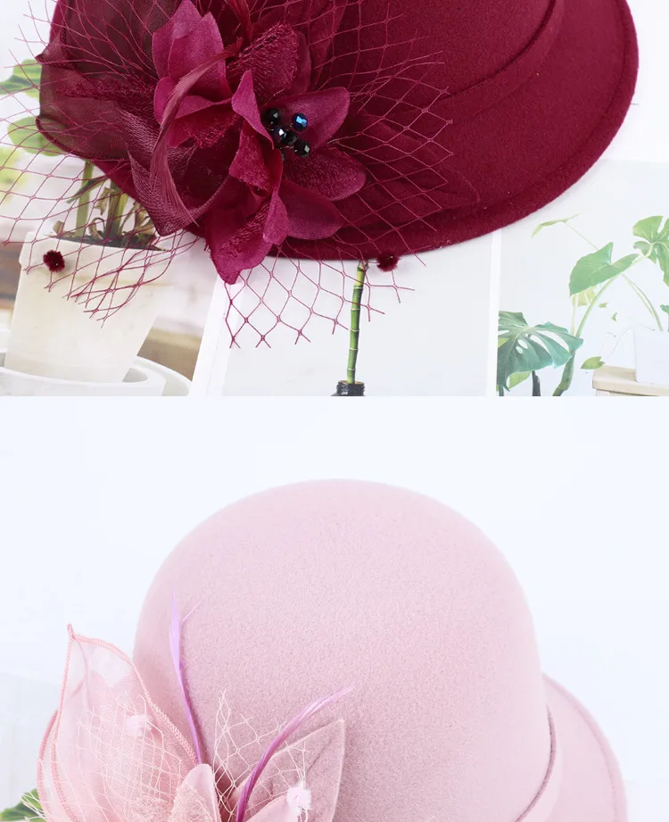 Women's Woolen Autumn And Winter New Dome Bowler Hat Female British Hepburn Style Yarn Flower Basin Hat Flat Brim Elegant Felt Hat display picture 4