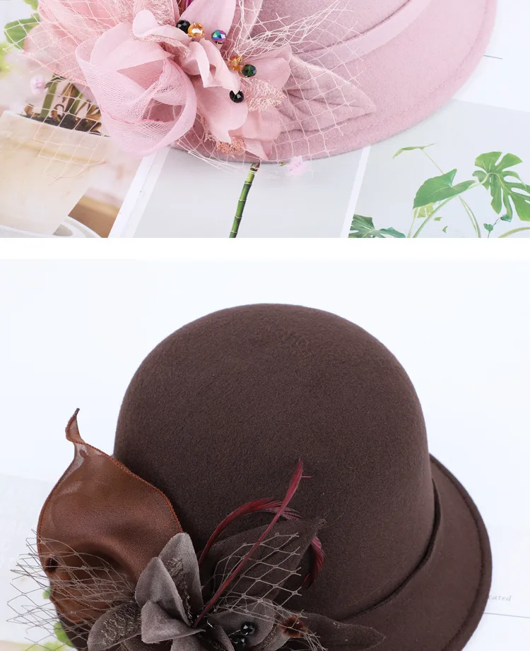 Women's Woolen Autumn And Winter New Dome Bowler Hat Female British Hepburn Style Yarn Flower Basin Hat Flat Brim Elegant Felt Hat display picture 5