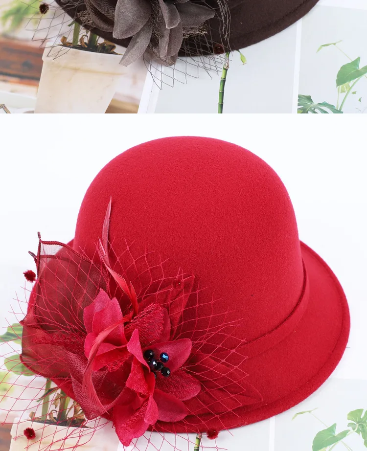Women's Woolen Autumn And Winter New Dome Bowler Hat Female British Hepburn Style Yarn Flower Basin Hat Flat Brim Elegant Felt Hat display picture 6