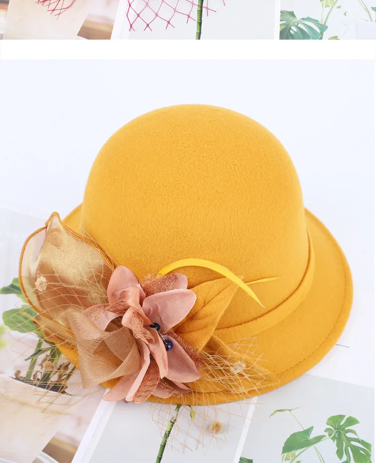 Women's Woolen Autumn And Winter New Dome Bowler Hat Female British Hepburn Style Yarn Flower Basin Hat Flat Brim Elegant Felt Hat display picture 7