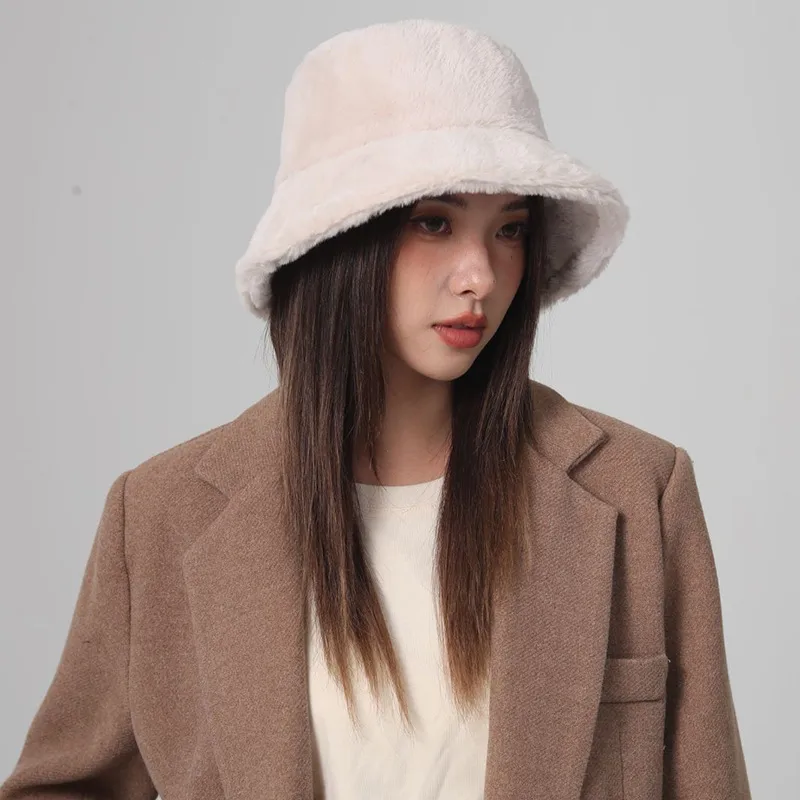 Autumn And Winter New Imitation Rabbit Fur And Velvet Fisherman Hat Women's Thickened Warm Basin Hat Fashionable  Bucket Hat Candy Color display picture 3