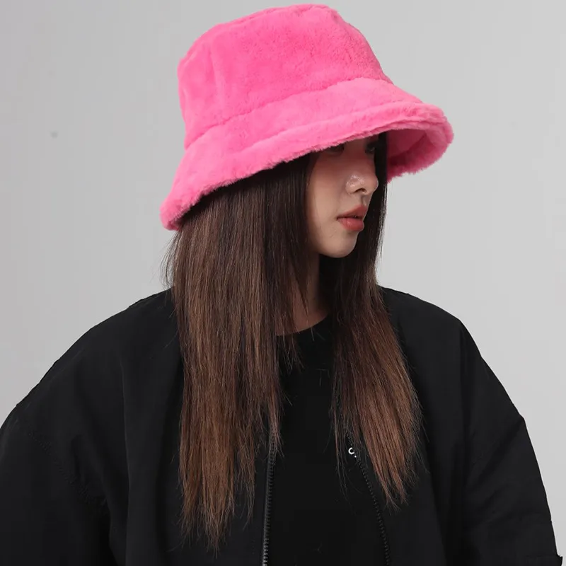 Autumn And Winter New Imitation Rabbit Fur And Velvet Fisherman Hat Women's Thickened Warm Basin Hat Fashionable  Bucket Hat Candy Color display picture 6