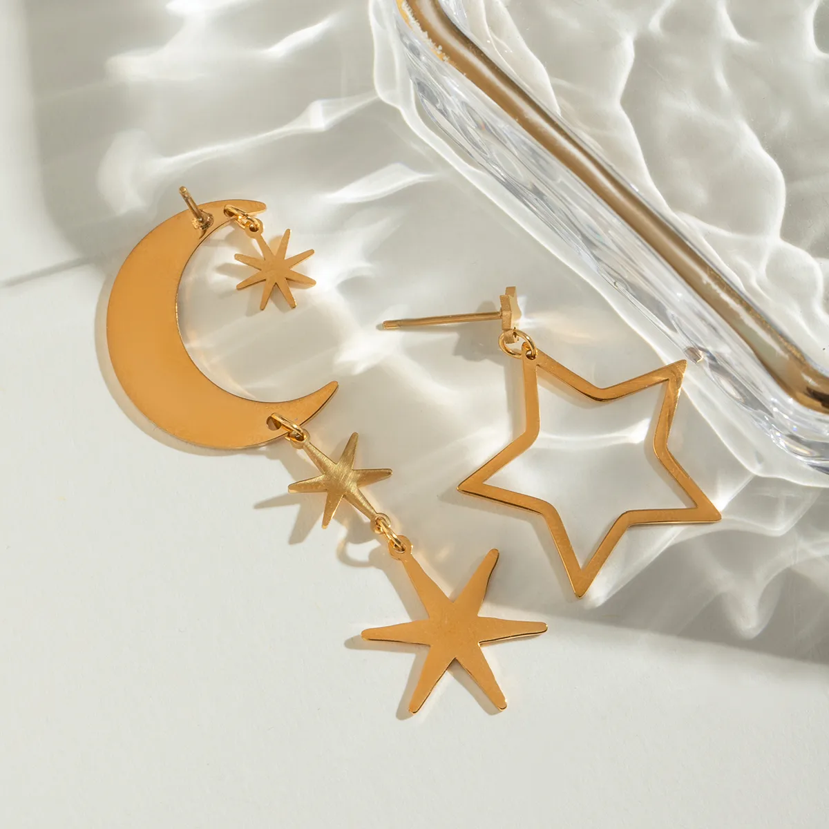 1 Pair Simple Style Classic Style Star Moon 304 Stainless Steel Drop Earrings display picture 5