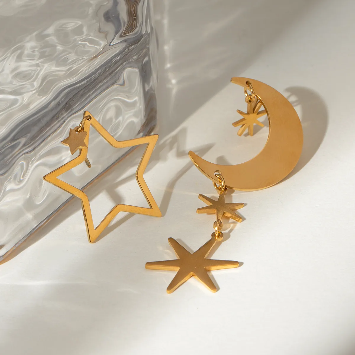 1 Pair Simple Style Classic Style Star Moon 304 Stainless Steel Drop Earrings display picture 8
