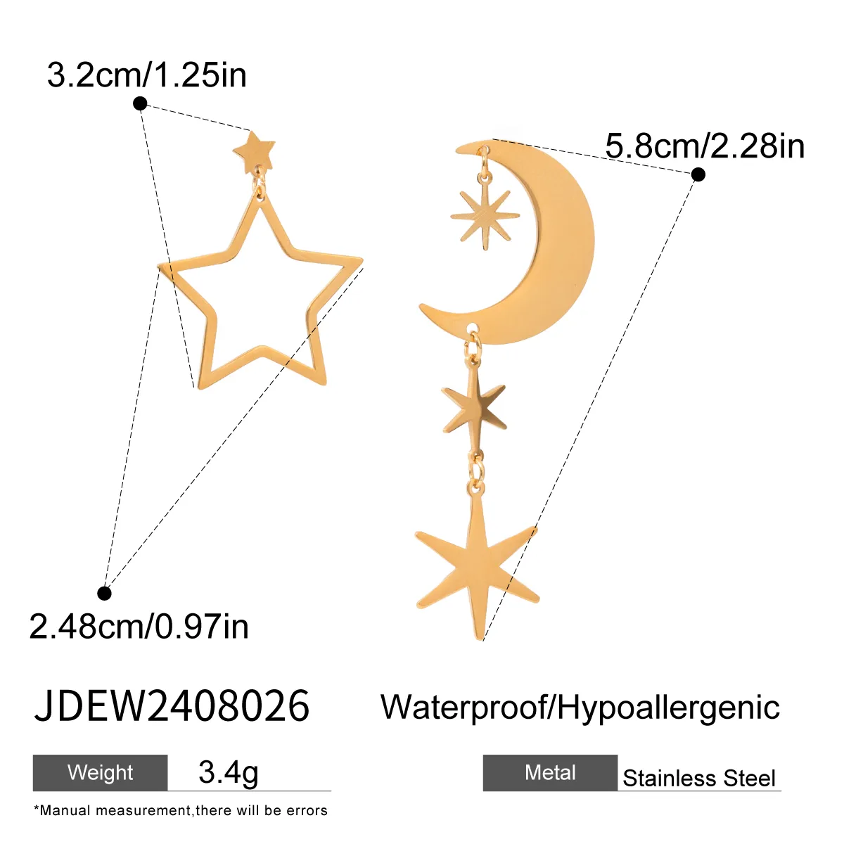 1 Pair Simple Style Classic Style Star Moon 304 Stainless Steel Drop Earrings display picture 2