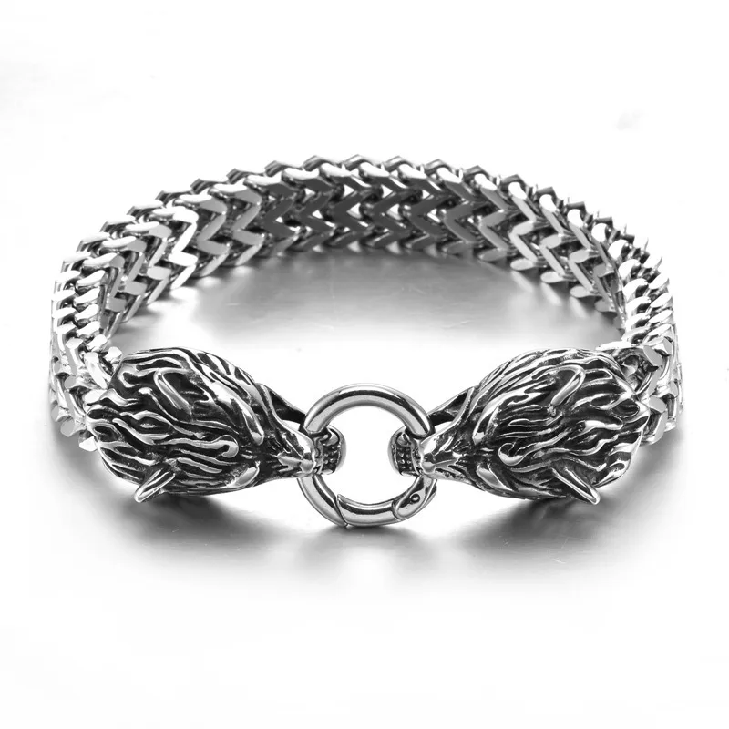 Stainless Steel Men's Bracelet Titanium Steel Hip-hop Bracelet Nordic Domineering Wolf Head Viking Chain display picture 4