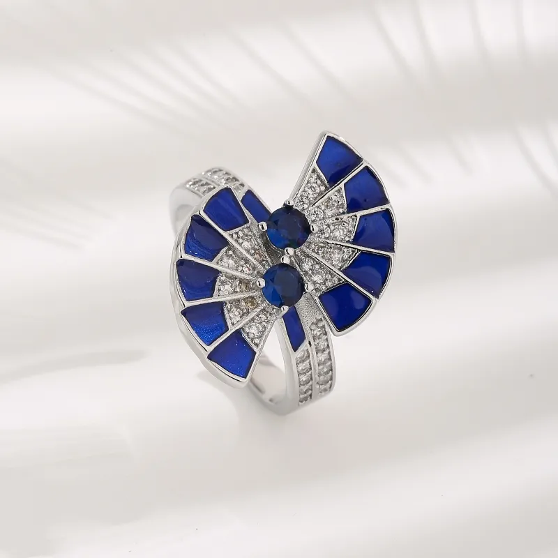 A High Quality European And American Cubic Zirconia New Chinese Fan Epoxy Full Rhinestone Zircon Niche Design Open Ring Gift For Ladies display picture 4