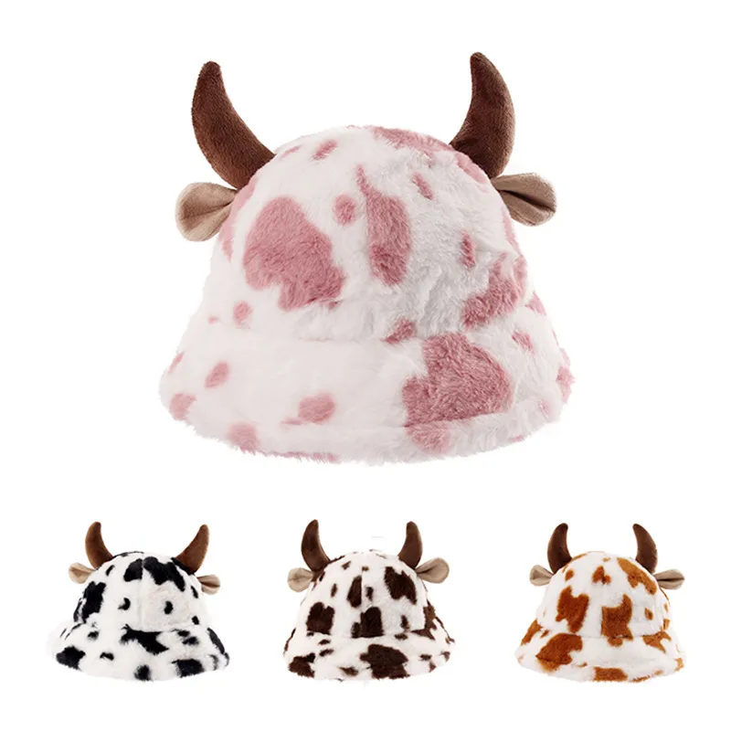 Autumn And Winter New Milk Cow Pattern Horn Fisherman Hat Female Printing Korean Fashion Plush Thick Warm Basin Hat Trendy display picture 1