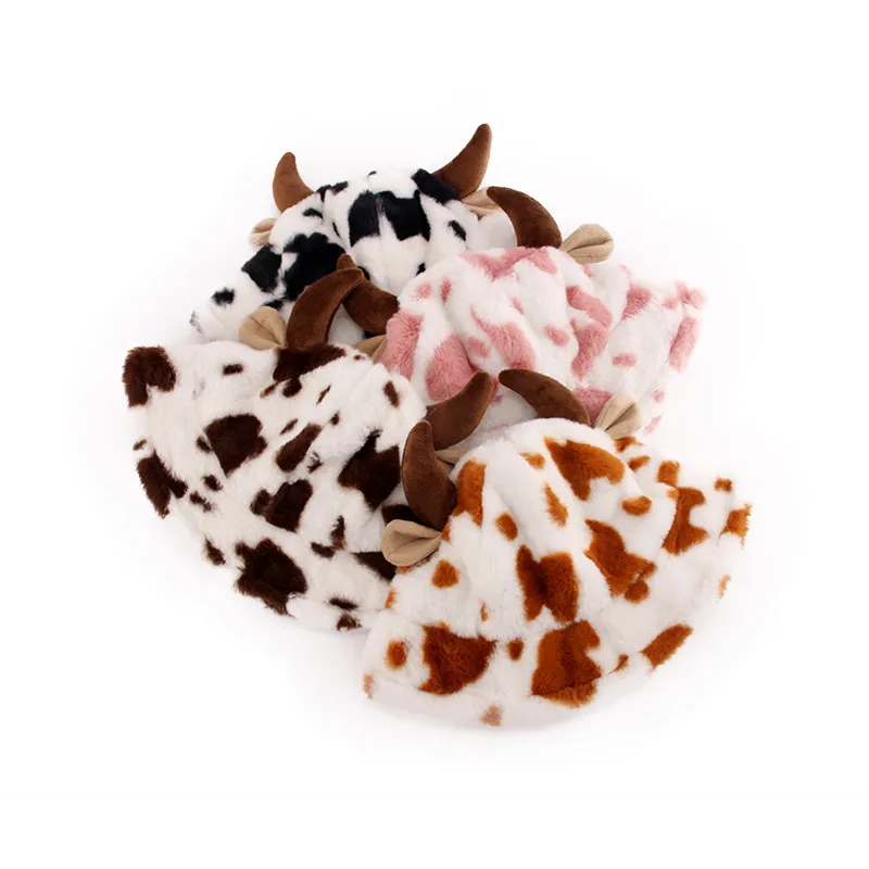 Autumn And Winter New Milk Cow Pattern Horn Fisherman Hat Female Printing Korean Fashion Plush Thick Warm Basin Hat Trendy display picture 3