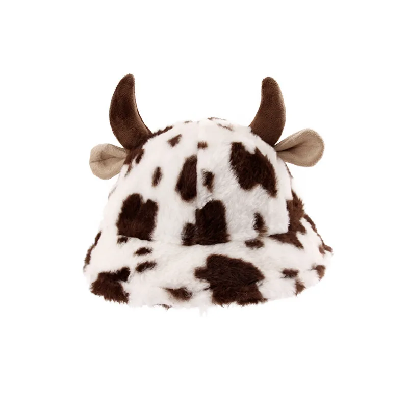 Autumn And Winter New Milk Cow Pattern Horn Fisherman Hat Female Printing Korean Fashion Plush Thick Warm Basin Hat Trendy display picture 6