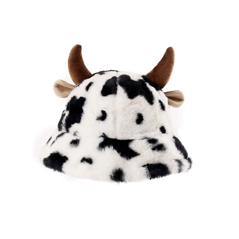 Autumn And Winter New Milk Cow Pattern Horn Fisherman Hat Female Printing Korean Fashion Plush Thick Warm Basin Hat Trendy display picture 8