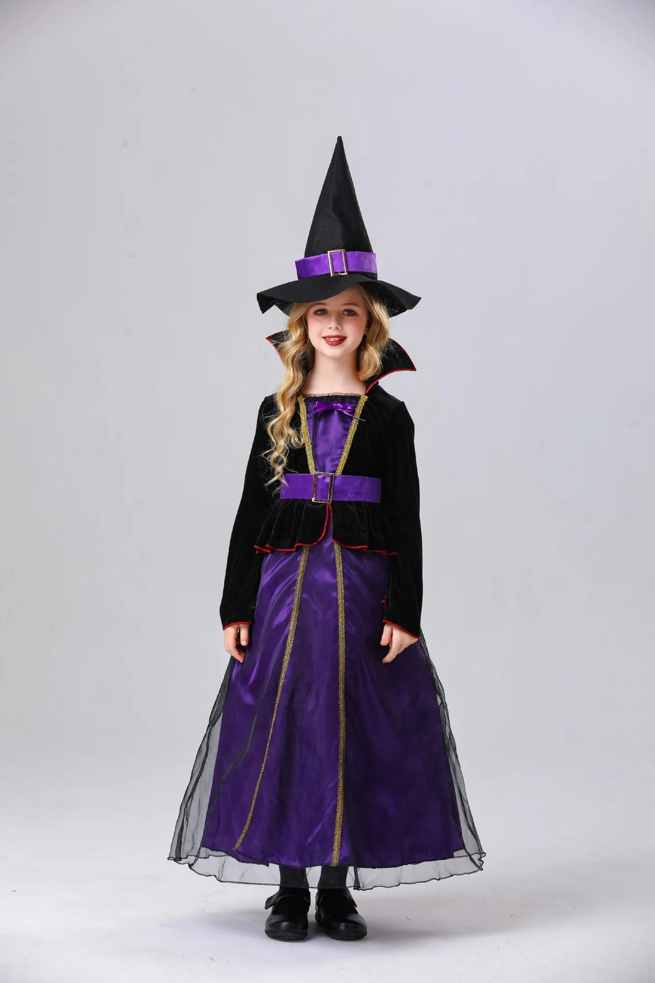 New Kids Female Halloween Cos Purple Witch Dress Hat Suit Cosplay Costume display picture 1