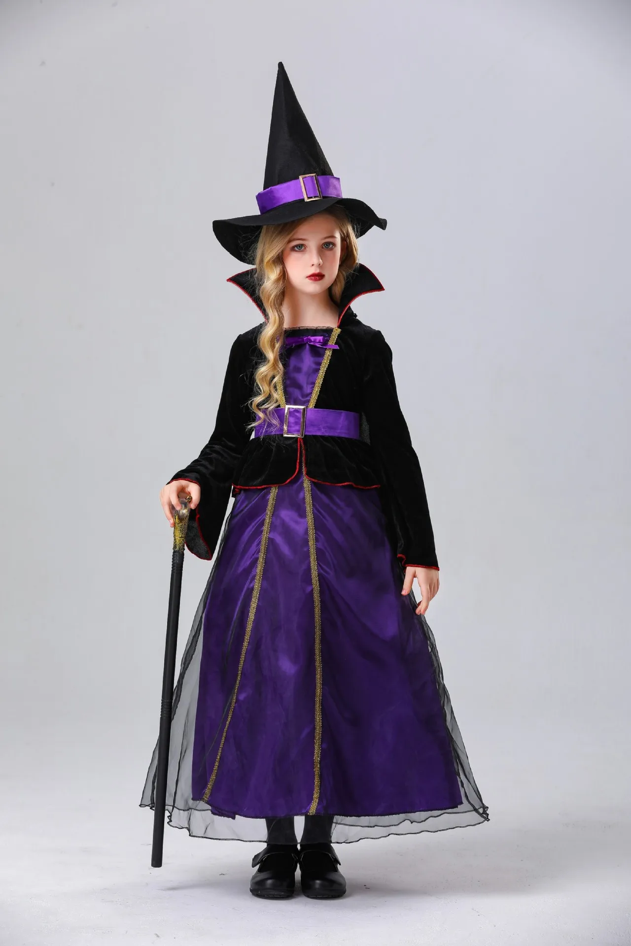 New Kids Female Halloween Cos Purple Witch Dress Hat Suit Cosplay Costume display picture 2